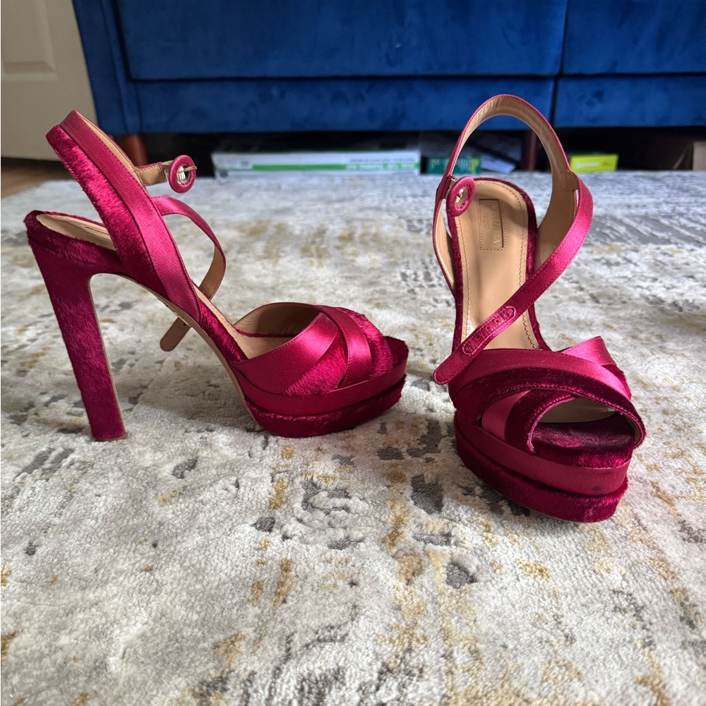 Aquazzura Pink Satin and Fur Heels